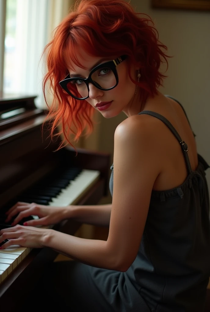 35-YEAR-OLD WOMAN WEARING LARGE GLASSES PLAYING THE PIANO, sensuous, sensuousIZANDO, delicious, Linda, CEMETERY BODY, (SITTING PUSHING HER ASS BACK), (((RED HAIR))), EYES COLOR SNOW WHITE, short, messy hair, BATTON READY, Linda MULHER, ( higher quality, high resolution, 16K, no mistakes). new