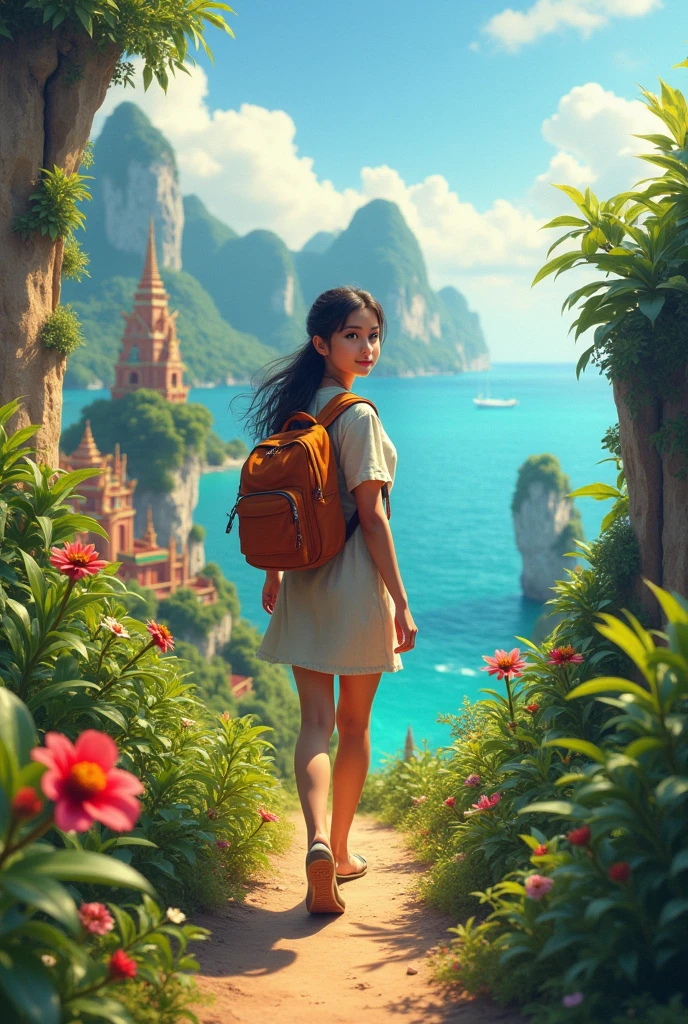 Draw a girl traveling in Thailand