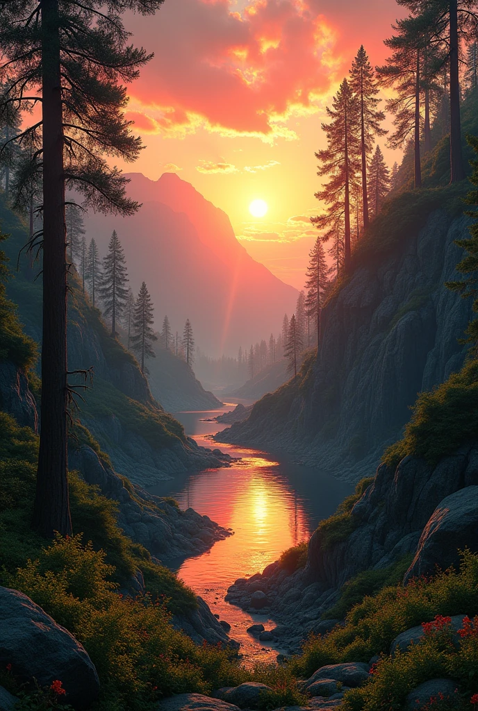 Forest with mine ravine with lake sunset