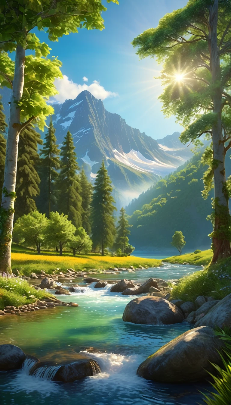 (Best Quality,4k,8k,High resolution,masterpiece:1.2),ultra detailed,(realist,photorealist,photo-realist:1.37),nature,scenic,Beautiful landscape,serene atmosphere,fresh air,Majestic mountains,splendid waterfalls,pristine lakes,lush vegetation,Tall trees,flowing rivers,wild flowers,distant horizon,dappled sunlight,vivid colors,Natural beauty,harmonious composition,symphonic harmony,tranquil waters,gentle breeze,quiet environment,Sun-drenched meadows,diverse fauna,serenity,serene retreat,Refreshing oasis,Soothing natural sounds,nature's embrace