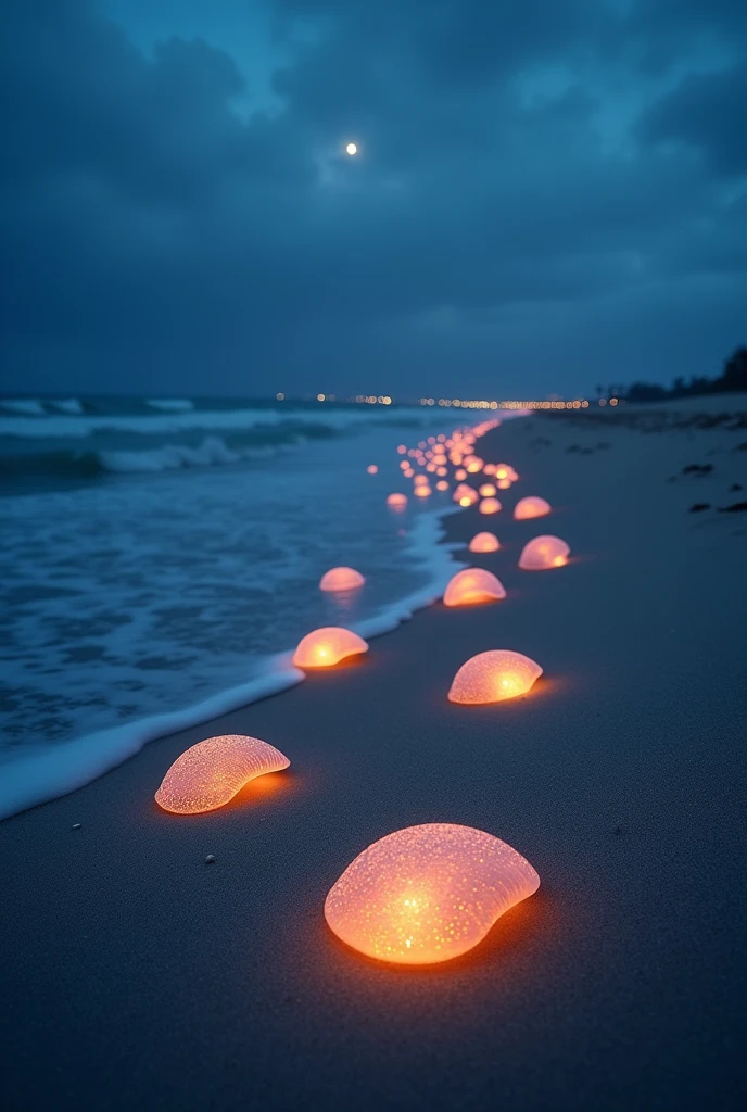 enchanted beach with glowing shells, (wide angle view:1.2), beautiful composition, super sharp, crisp, clear, true to life, raw, real, realistic, extremely high-resolution details, realism pushed to extreme, fine texture, incredibly life like, hyperrealistic detailed image, infinite focus, clear and detailed throughout