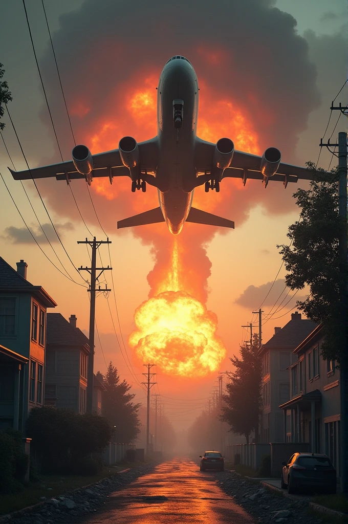 A plane dropping a nuclear bomb on a house, the point of view is above the plane, although you can see the houses that are on the ground, destroyed