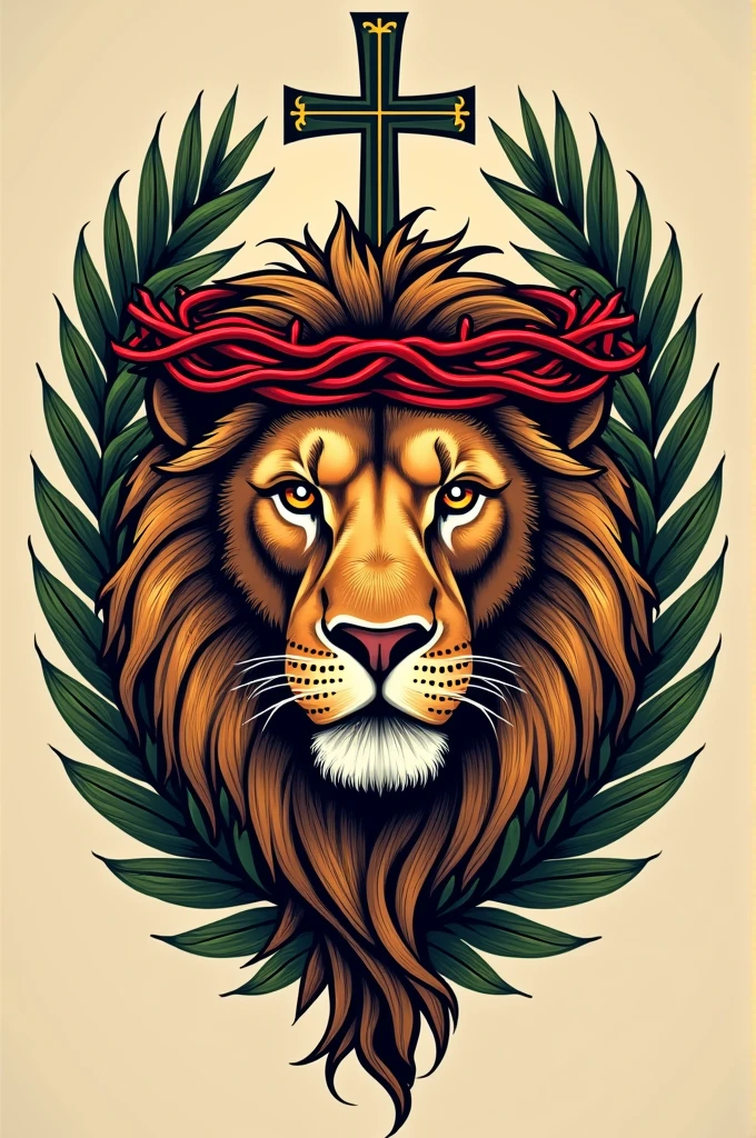 An idea for a tattoo of a lion's head with a red crown of thorns and palm branches and the Jerusalem cross on top.
