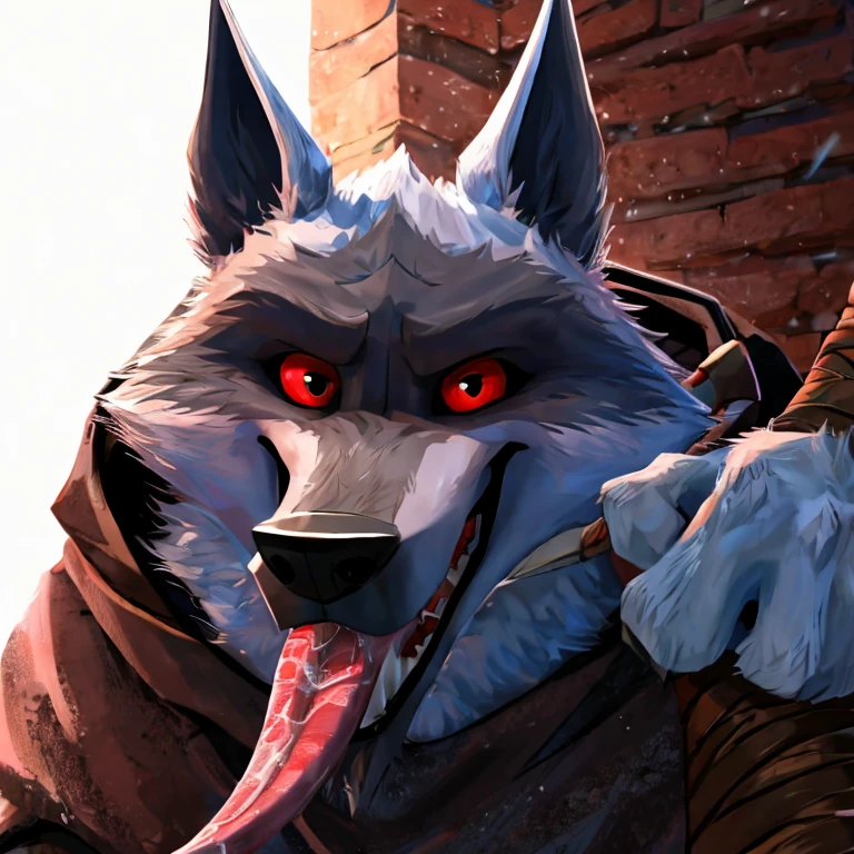 Death (Puss in Boots: The Last Wish), DreamWorks Animation, 2D, Looking at viewer, Open Mouth, Tongue Out, Long Tongue, Wide-Eyed, Wolf Ears, Anatomically Correct, Seductive Smile, Massaging Tongue with Fingers, Saliva Trail, Raised Eyebrow, Oral Invitation, Simple background, Character Design, Illustration, High Resolution, Super Detailed, Textured Skin, Eye Level Shot, Single Shot, Medium Close Up
