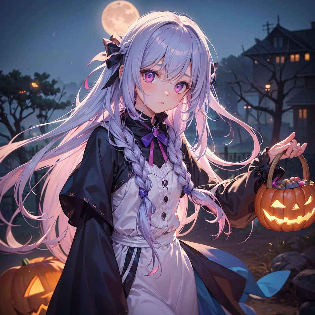 (Sky blue braided medium length hair), (Pink Eyes),Fair skin) ,(whole body),(One Girl),(Crescent Moon),(There are many pumpkin ghosts in the background),(Trick or Treat),Halloween Night Party),(masterpiece, Highest quality, Very detailed, Best Shadow), (Detailed Background), (Beautifully detailed face), High Contrast, (Best lighting, Very delicate and beautiful), ((Cinematic Light)), Hyper Detail,8k, Dramatic Light, Intricate details,Witch&#39;s Clothes,Magic broom,night,Flying bats in the sky,
