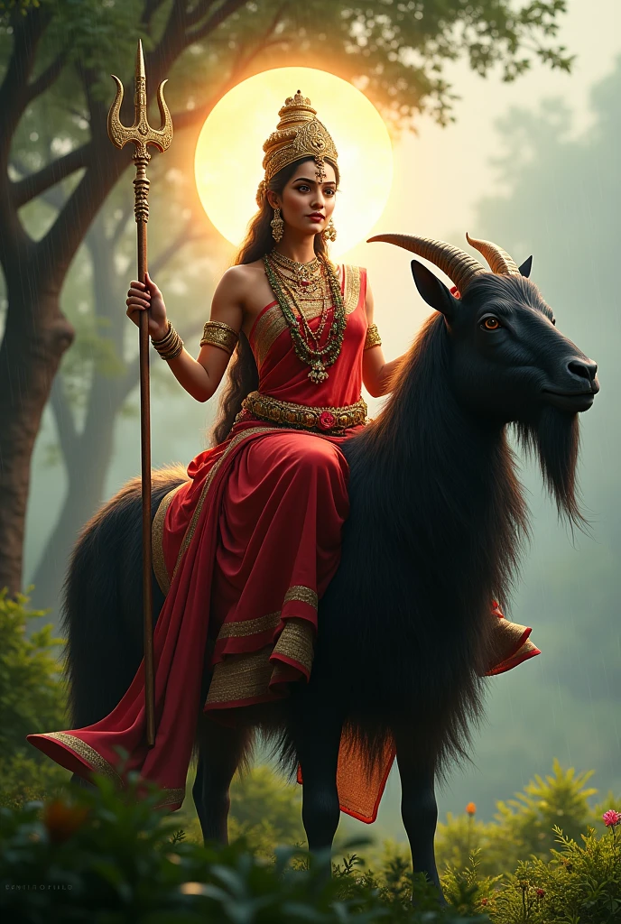 A beautiful Indian woman, wearing a red saree, tilak on forehead, necklace around neck, garland of flowers, trident in one hand and holding other hand like goddess, beautiful crown on head, riding on black goat like goddess, sun behind her head, big tree behind, grass on ground, rainy season, realistic.