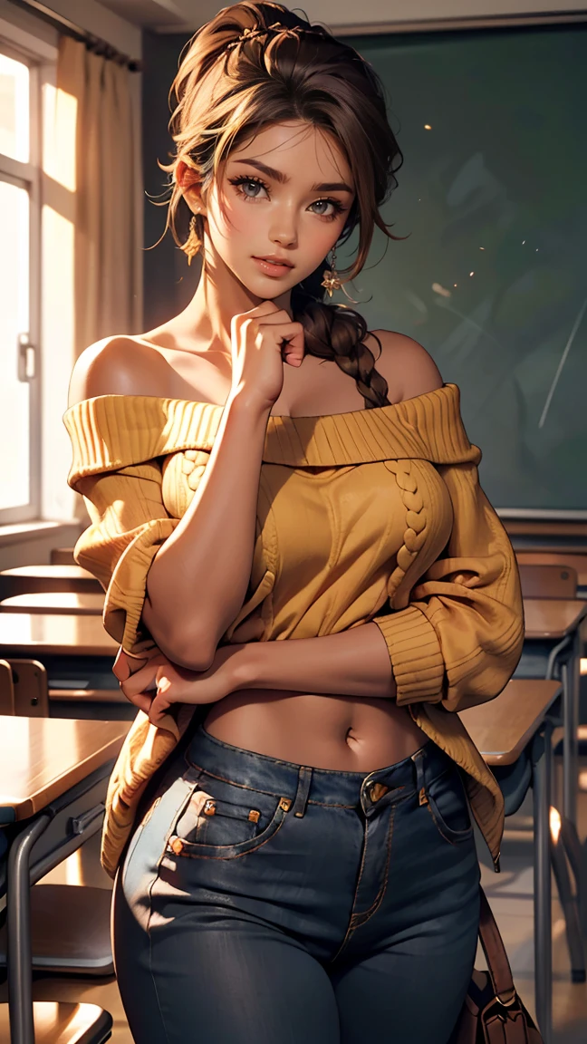 beautiful woman, Brown eyes, (brown skin:1.4), (afro-americana), sharp focus, , High detail, real hands, perfect lighting, photorealism, ((ultra quality)), ((masterpiece)), A woman, 30 years old, light brown eyes, Dark skin, full lips, Alone, looking at the viewer, Classroom background, blurred background, bokeh, depth of field, kkw-ph1, (masterpiece), (8K work), Digital art, Best Quality, (masterpiece, Best Quality, ultra detailed), High resolution, expressive, Perfect eyes, 1 woman, (pose sexy), eyes open to the viewer, looking at the viewer,*** ((teacher appleberry )), Dark brown hair, kindergarden teacher, ((Brown leather)), (dark brown eyes: 1.3), Long hair, ((braided ponytail over the shoulder)) , (side parted hair), a loose lock, ((yellow wide sweater: 1.1)),tejano bluejeans pants, ((depth of field)), ((high quality clear image)), ((High detail)), realistically, Professional photo session, ((clear focus))