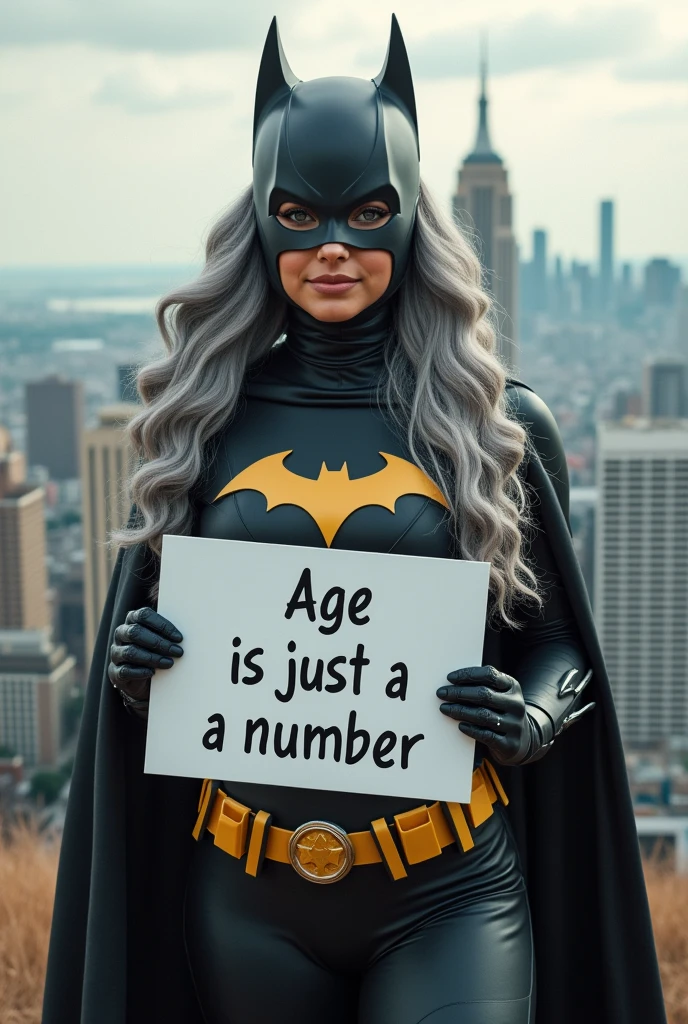 A beautiful youthful looking Hispanic version of a gray haired Ariana Grande as a 50 years old woman with long her completely gray hair in a big curls styles as the superhero batwoman wearing a batwoman costume with a hood standing on top of a hill overlooking a big city holding a white board with text "I age is just a number" and showing it to the viewer