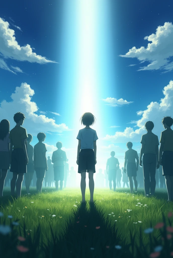 anime style, a person being hit by a glare of light with shadows of other people in the background, that is in a meadow