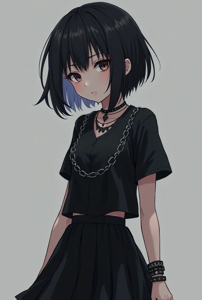 Emo female anime character ,short black hair,short skirt ,with black blouse, with accessories,with short sleeves,con headless 