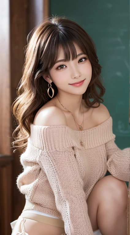 (Tabletop, Highest quality, High resolution, , Pixel perfect, 4K,), 1 girl, single, alone, Beautiful woman、I could see the whole body、 ((Wavy mid-hair, bangs, Brown Hair)), ((Brown eyes, Beautiful eyelashes, Realistic eyes)), ((Detailed face, blush:1.2)), ((Smooth texture:0.75, Realistic texture:0.65, Realistic:1.1, Anime CG style)), Medium chest, Dynamic Angle, Perfect body, ((, female teacher, , Earrings、necklace、Beige off-the-shoulder sweater、Long pleated skirt、Black knee-high stockings、Pink lace panties、A shy smile)), Superior、、、evening、、Bring your arms together to emphasize your chest、necklaceを胸で挟む、(、()、Angle from below)、