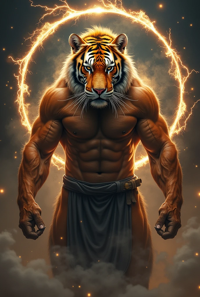 I want a tiger from the front, appearing from the navel to the head, extremely muscular like a bodybuilder, with a magic circle on the back, very bright eyes as if they were lightning and with both hands forward and a little apart, as if power was coming out of his hands flowing like smoke.