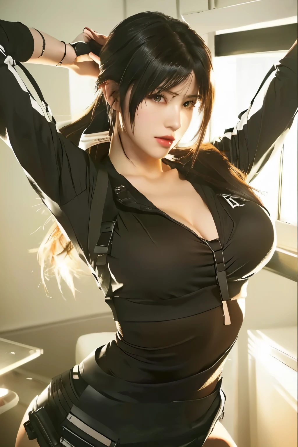 beautiful girl with a hair tie in her hand and a black top, from girls frontline, tifa lockhart, fine details. girls frontline, tifa lockhart portrait, seductive tifa lockhart portrait