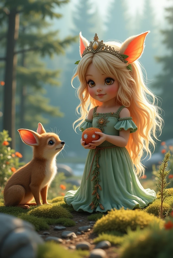 A cute fairy goddess and her natural animals living in the Canadian wilderness。
