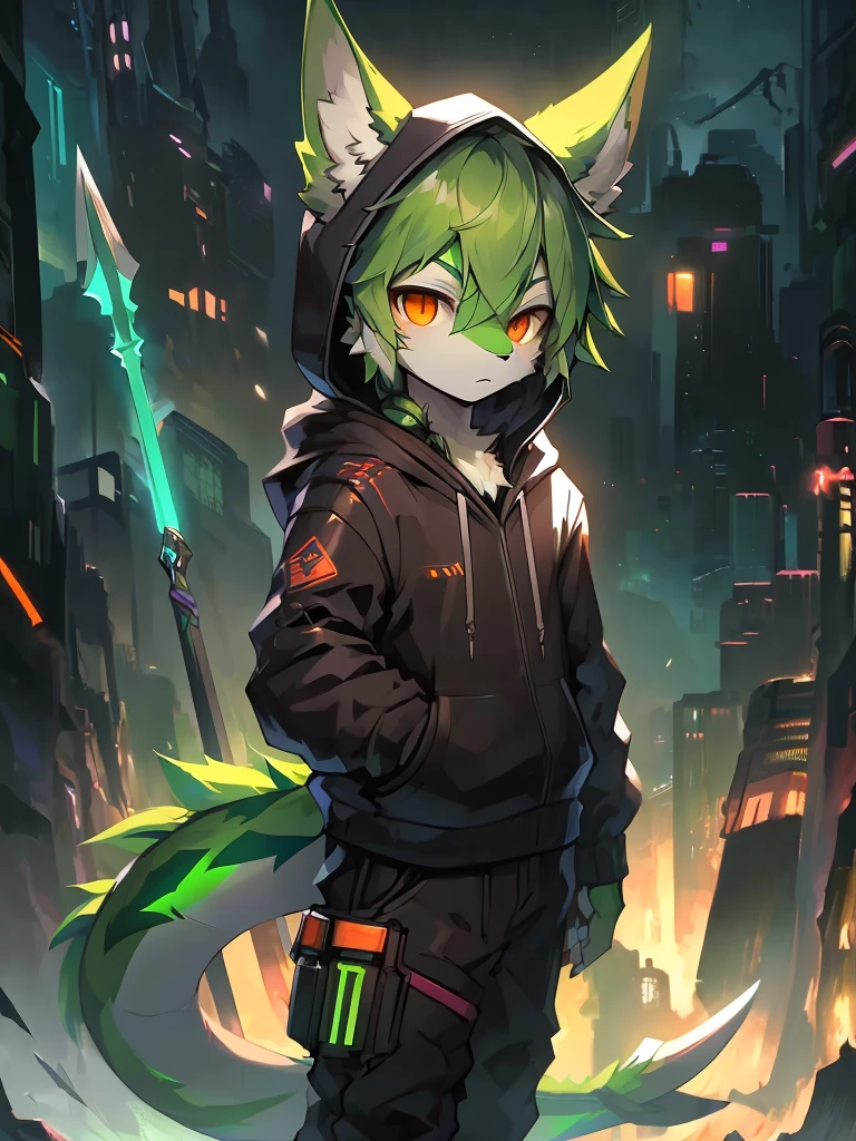 work of art, 16K, male, furry, (green_hair, white_horns, raised ears, orange eyes, green fur:1.2), kemono dragon, solo boy, cyberpunk hoodie, black pants, epic mobile wallpaper, dynamic lights,dragon tail, spear tail