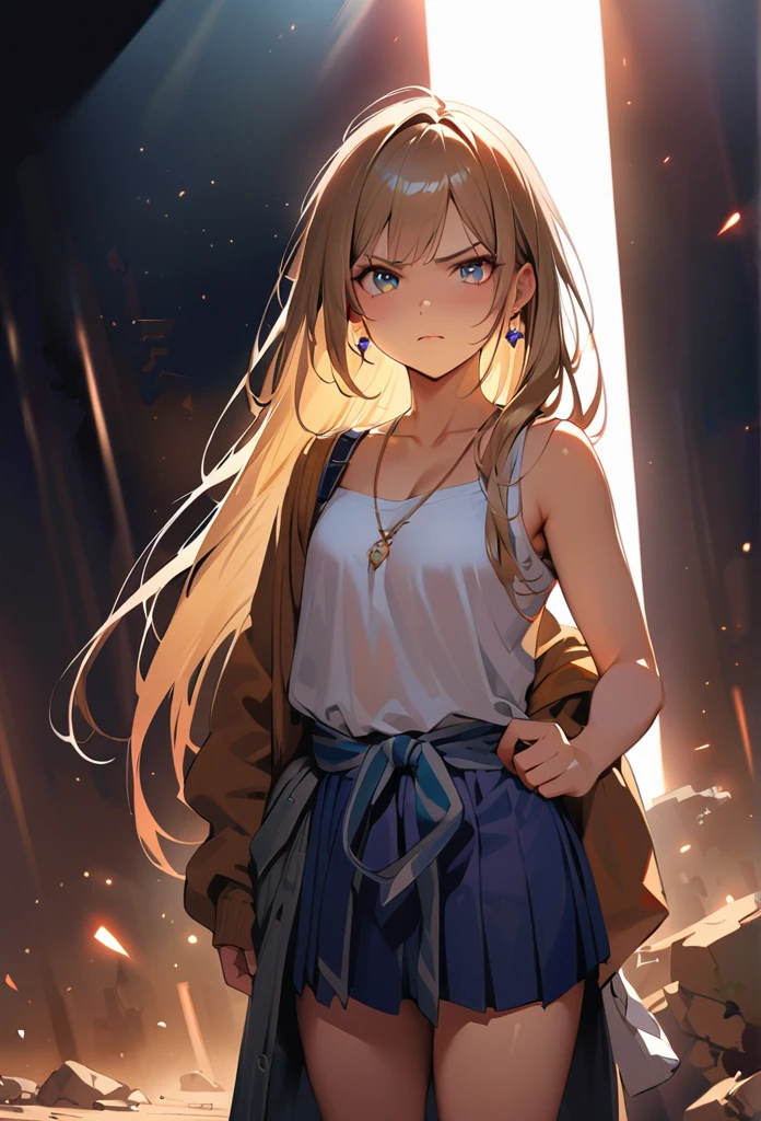 masterpiece, Highest quality, (((Ruined battlefield)))、(((Angry Face)))、Raising awareness, Large firearms, プラチナEarrings, Platinum Necklace, ビキニコンバットスーツ,Carrying a weapon, One Girl, cute, (Dynamic Lighting:1.2), Cinema Lighting, Delicate facial features, Detailed eyes, Sharp pupils, Realistic student, Written boundary depth, ボケ Written boundary depth, Sharp focus, (Very detailed, bloom, Shine:1.4), Lots of little gems, (((long_hair))),　Twin tails、Earrings、分けた前hair、黒hair、whole body、Ultra close-up footage、The top is transparent up to the chest.、See-through design。The bottoms are a very short navy blue pleated skirt.、Fits snugly around the waist。The background is simple white.、this、The text is easier to see.。The light source is a soft light from the front....、The overall atmosphere is bright and clean....。