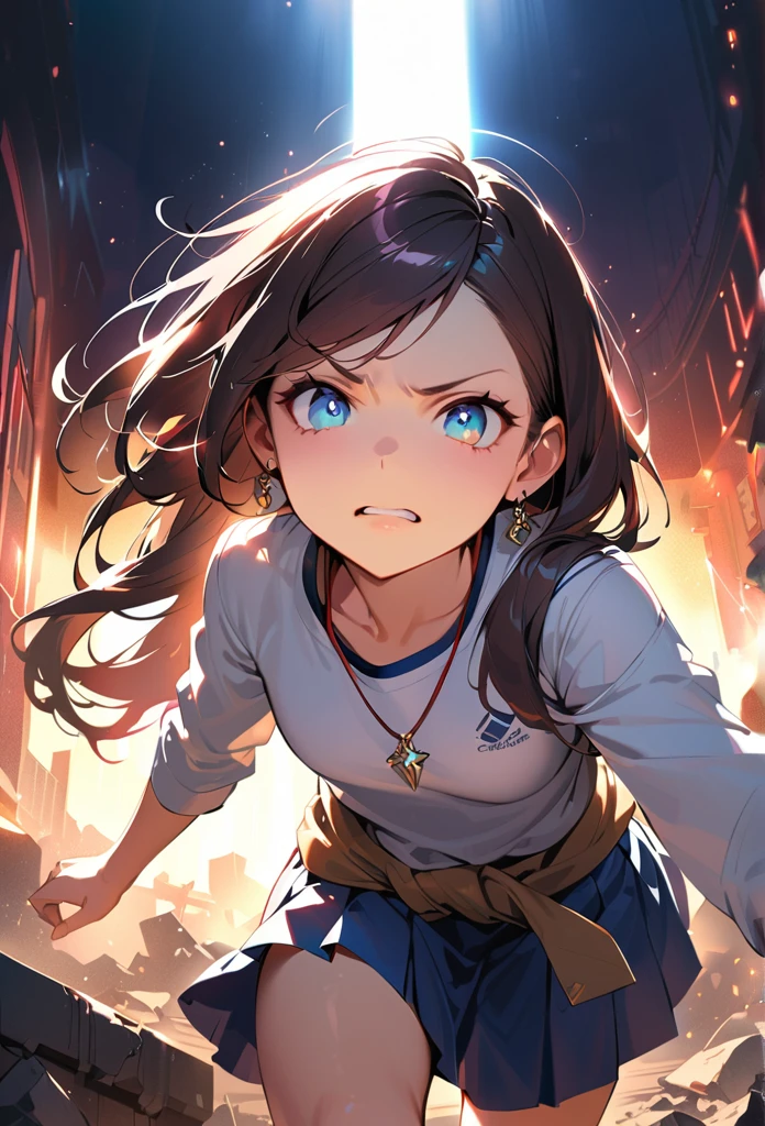masterpiece, Highest quality, (((Ruined battlefield)))、(((Angry Face)))、Raising awareness, Large firearms, プラチナEarrings, Platinum Necklace, ビキニコンバットスーツ,Carrying a weapon, One Girl, cute, (Dynamic Lighting:1.2), Cinema Lighting, Delicate facial features, Detailed eyes, Sharp pupils, Realistic student, Written boundary depth, ボケ Written boundary depth, Sharp focus, (Very detailed, bloom, Shine:1.4), Lots of little gems, (((long_hair))),　Twin tails、Earrings、分けた前hair、黒hair、whole body、Ultra close-up footage、The top is transparent up to the chest.、See-through design。The bottoms are a very short navy blue pleated skirt.、Fits snugly around the waist。The background is simple white.、this、The text is easier to see.。The light source is a soft light from the front....、The overall atmosphere is bright and clean....。