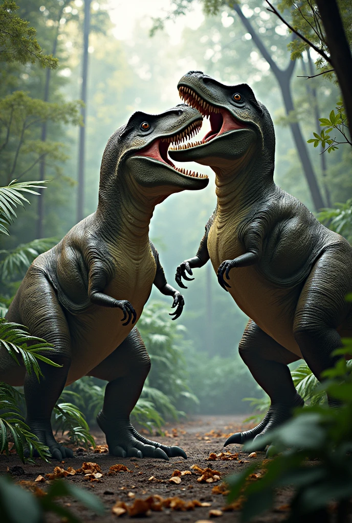 "A highly realistic and detailed scene of two Tyrannosaurus rex in a mating posture, set in a prehistoric jungle environment. The dinosaurs should be depicted with lifelike skin textures, visible muscles, and naturalistic coloring. The background should include dense vegetation, large ferns, and towering trees, with a dramatic sky adding depth to the scene. The overall atmosphere should evoke the raw, untamed nature of the Cretaceous period, emphasizing the power and majesty of these ancient creatures."