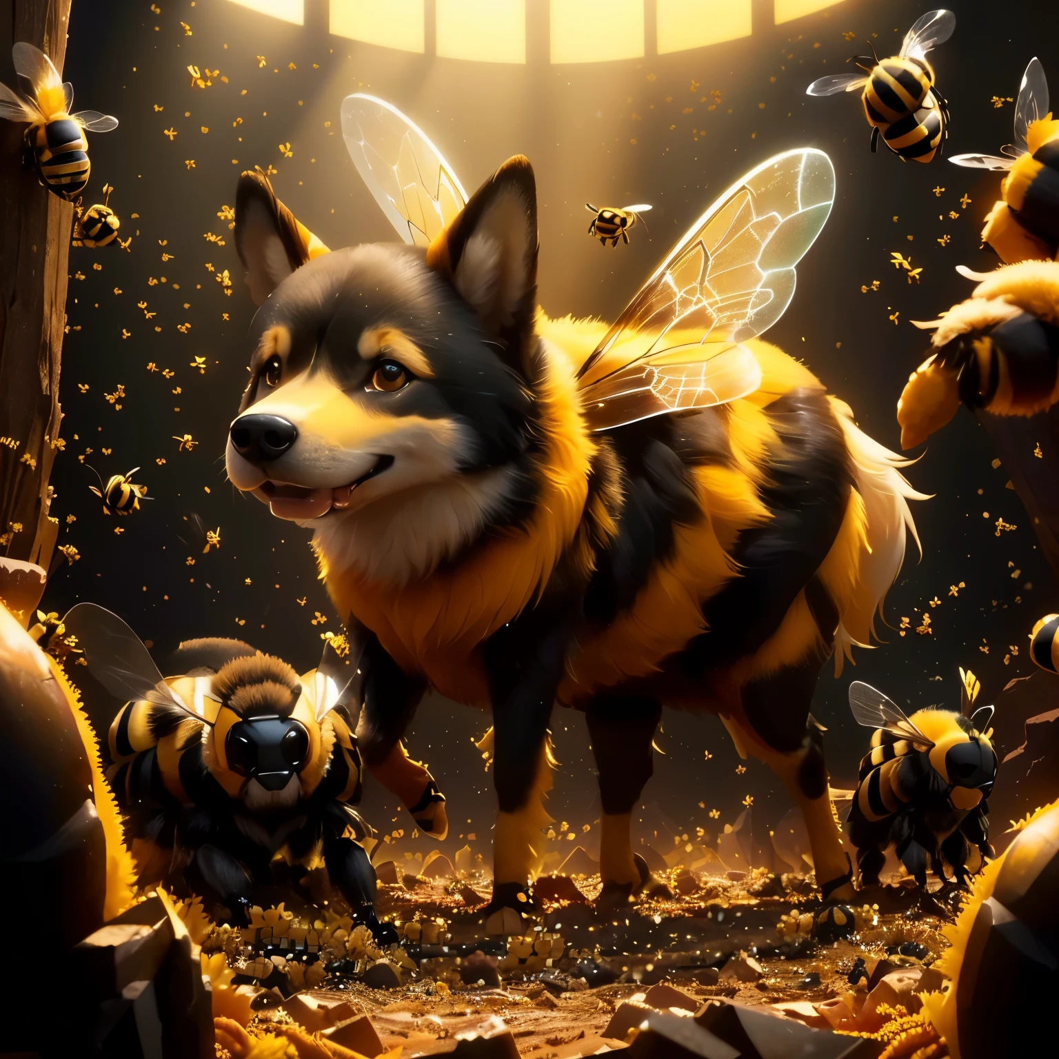 a close up of a dog with a bee on its back, bee movie, (bee), based on bumblebee, 3 d bee, bumblebee, 动画Movie剧照, 3D动画Movie, cartoon, made of bees, big bee, human structure bee concept art, bees, 动画Movie场景, Dōjin works, cartoon still, maya bee, Official Art, Movie
