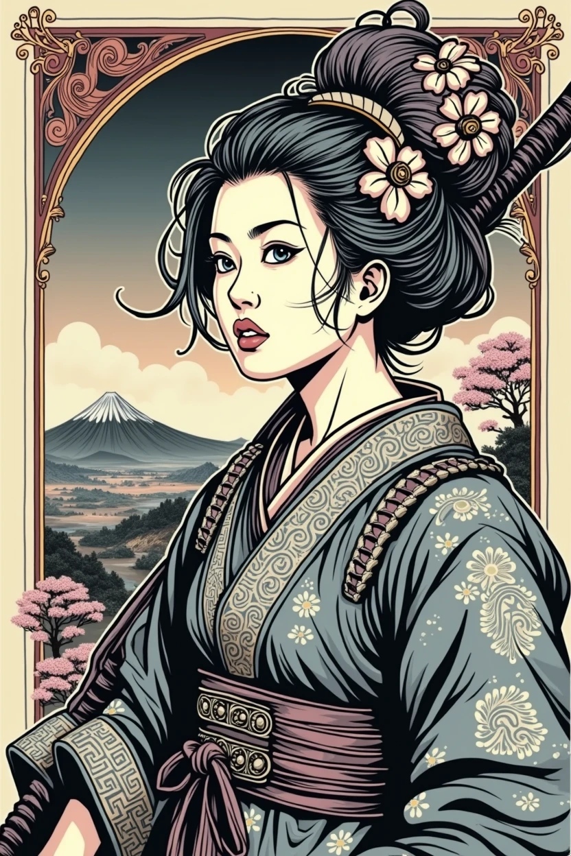 A Japanese warrior woman stands heroically in a traditional, retro-styled landscape, reminiscent of classic line art and comic book illustrations. With a samurai sword at her back and a determined gaze, she embodies the dynamic spirit of vintage Japanese culture. Intricate, filigree-like patterns adorn her armor, while tiny, detailed textures and bold lines give the image a sharp, high-quality appearance. The scene is set against a traditional Japanese backdrop, complete with cherry blossoms and subtle gradient effects, evoking a sense of nostalgia and timelessness. The color palette is a vibrant blend of traditional Japanese hues, with a modern twist inspired by the likes of Chan-Wong and Flux-style. The overall aesthetic is a masterful blend of ink punk and art nouveau, with bold, expressive lines and delicate, detailed flourishes, perfect for a high-resolution, ultra-detailed vector-style illustration, inspired by the latest Artstation trends,kodew
