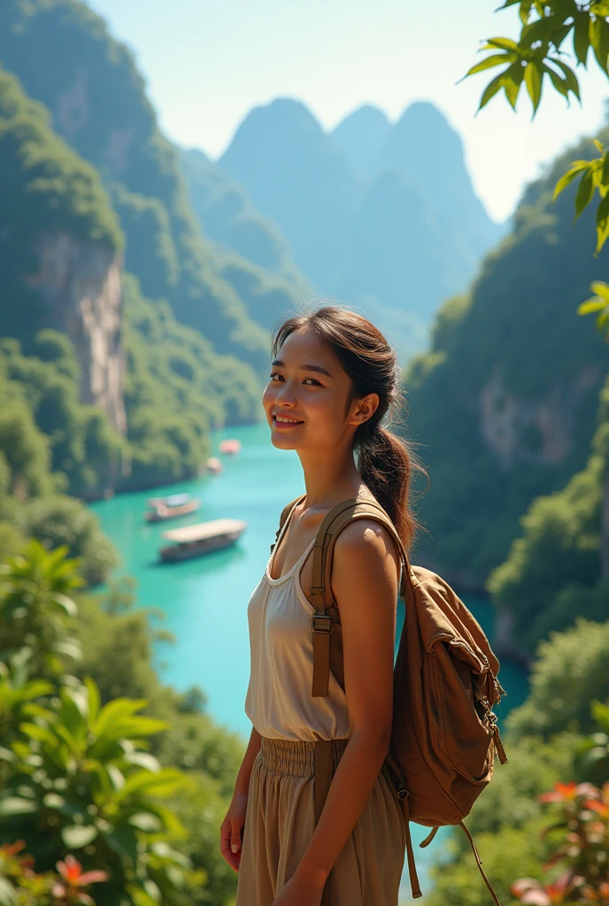 Draw a girl traveling in Thailand