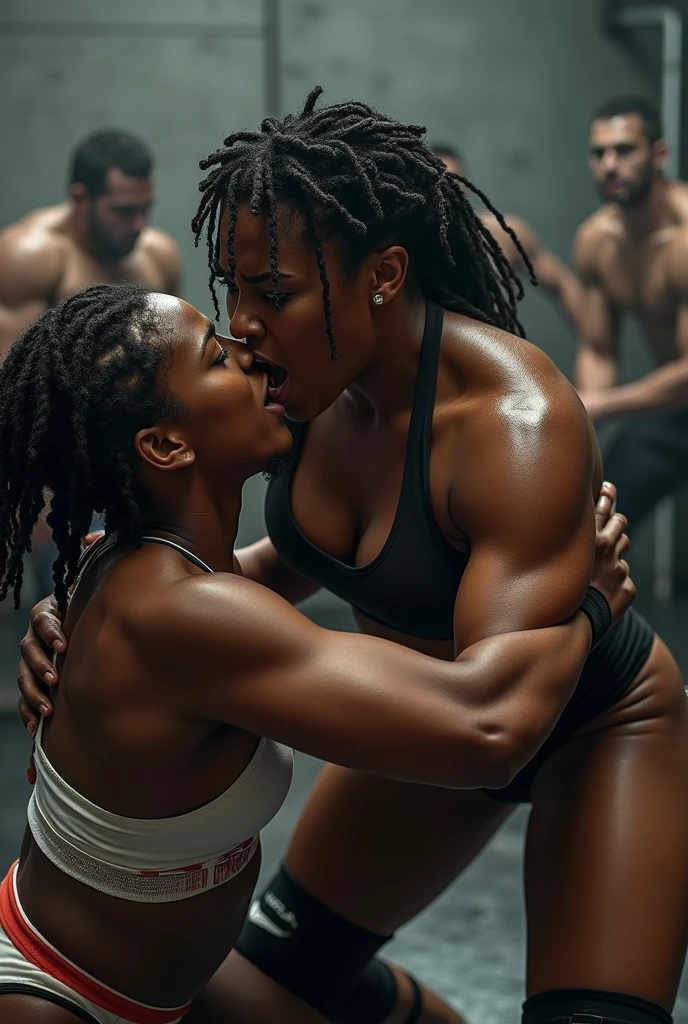 A women black skin wresteler dominates submission hold a boy black skin no force FACE VICTIM BY A FEMALE