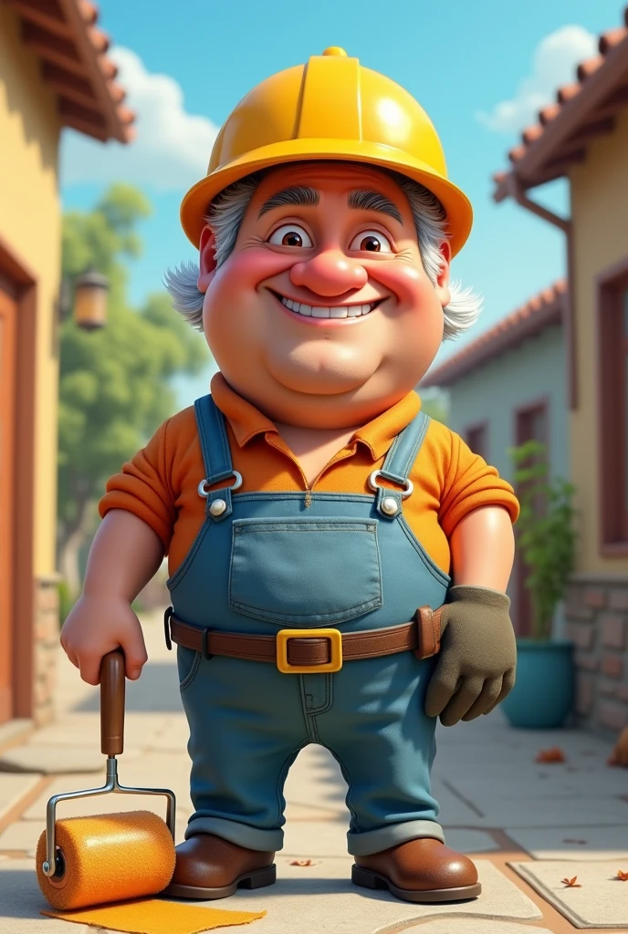Disney style caricature of a friendly man in his 40s, with a little gray hair, that he is a house painter and has a roller in his hand, yellow helmet and be fat 
