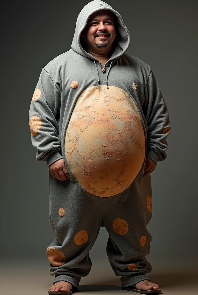 a guy with a planet sized belly wearing a onesie