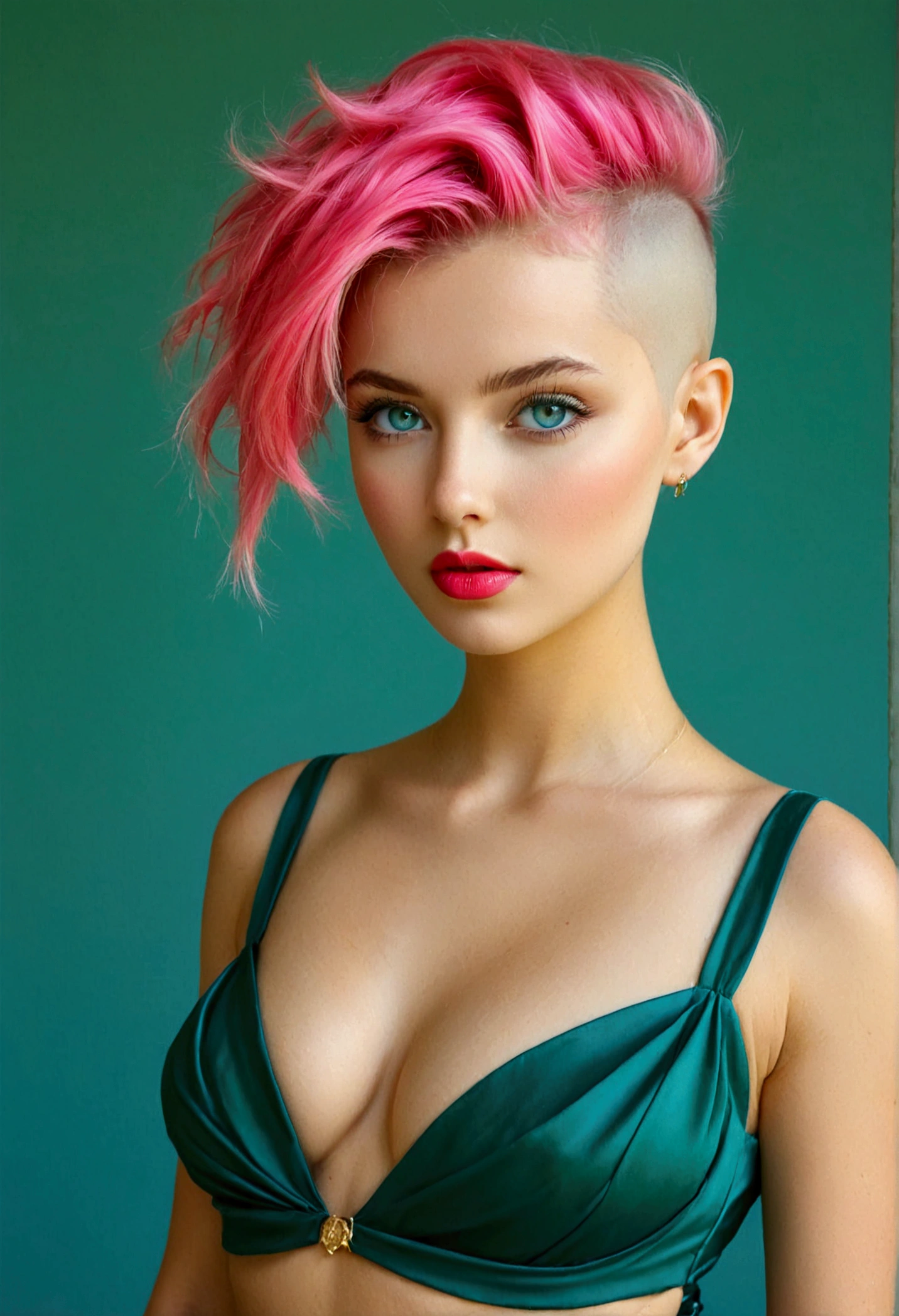 ((8k ultra hd quality)), Girl, White skin, ask frio, Waardenburg blue eyes, soft makeup, pink lips, but short jade green color, Mohawk Inspired One Side Buzz Cut, perfect face, perfect easy traits, perfect body, body with golden ratio, Large and voluminous breasts, round tits, thick and firm thighs, Bright red silk dress with deep neck and side slit, posing at a gala event 