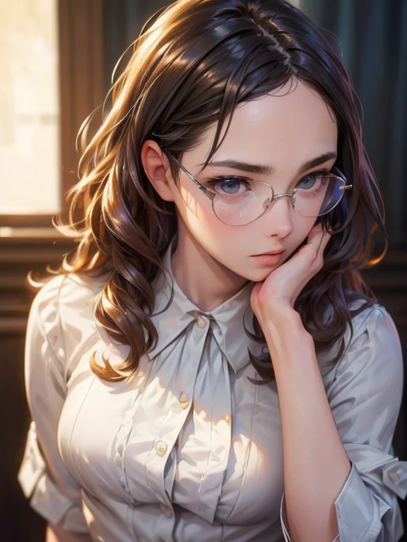 (masterpiece:1.2, highest quality), (Realistic, photoRealistic:1.4), Beautiful illustrations, (Natural Side Lighting, Cinema Lighting), Written boundary depth, Beautiful thighs staring at the viewer, (((Face Focus, Upper Body))), 1 female, 20-year-old, alone, thin, slender, (small breasts), long Hair, Curly Hair, Forehead, Forehead, Forehead, Forehead, thin, slender, glasses, blouse, sexy pencil skirt, Are standing, ((Close-up)), ((Close-up)), ((Close-up))