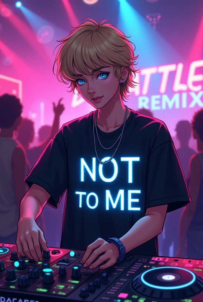 Positive image for a remix song named Not to me, from Bernardo DJ use an Alone style image of the DJ , use a teenage face with some people enjoying and pixelated and in gamer mode with LEDs and a blonde DJ and blue eyes on the controller put the name Battle in English. Keep this image and put *NOT TO ME* in shirt