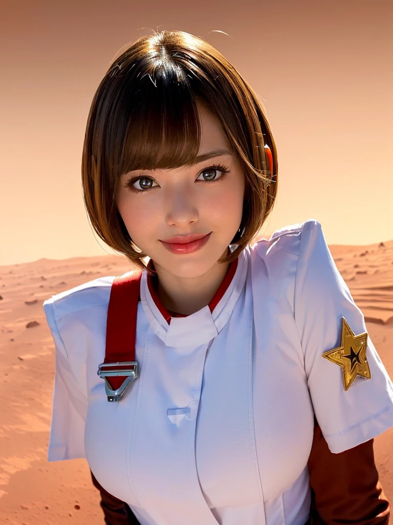 (white saint girl :1.5),(big breasts:1.5), ,(shiny light brown hair:1.3),(bangs:1.2),(white medic uniform with red big star:1.5),(beautiful shiny face skin:1.5),(short hair:1.3),(thick lip:1.3),(on mars flat :1.5),(smile:1.2)