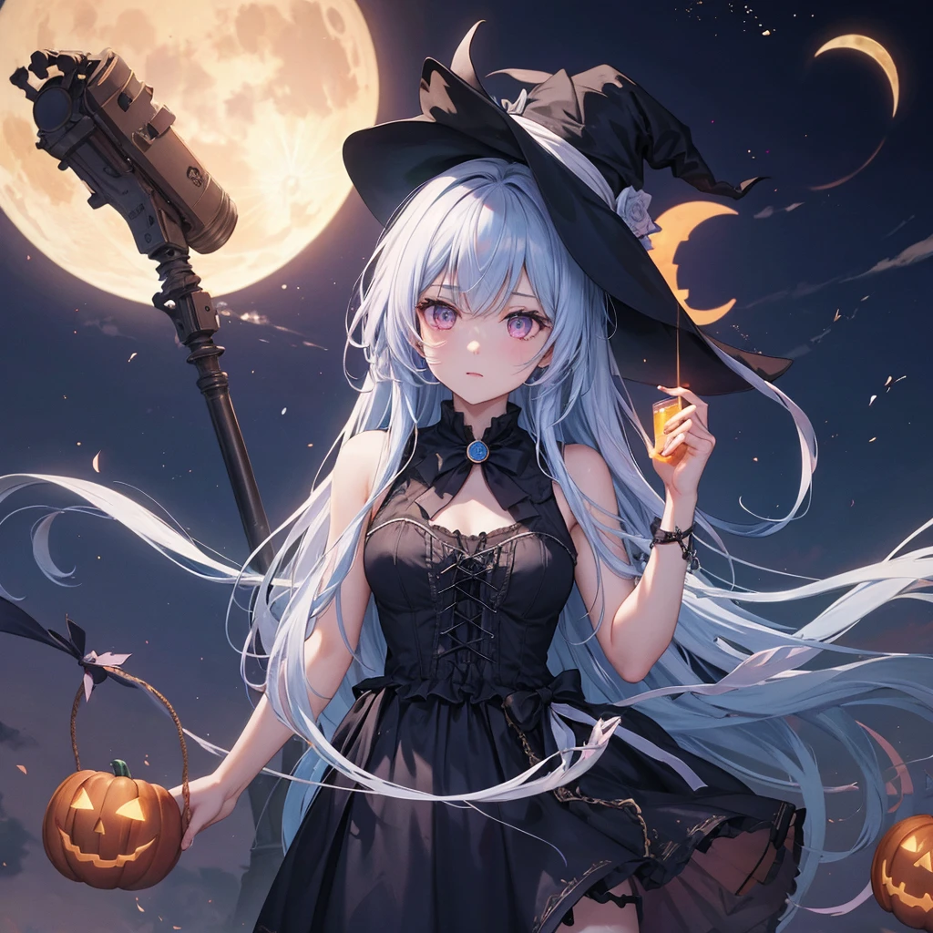 (Sky blue braided medium length hair), (Pink Eyes),Fair skin) ,(whole body),(One Girl),(Crescent Moon),(There are many pumpkin ghosts in the background),(Trick or Treat),Halloween Night Party),(masterpiece, Highest quality, Very detailed, Best Shadow), (Detailed Background), (Beautifully detailed face), High Contrast, (Best lighting, Very delicate and beautiful), ((Cinematic Light)), Hyper Detail,8k, Dramatic Light, Intricate details,Witch's Clothes,Magic broom,night,Flying bats in the sky,