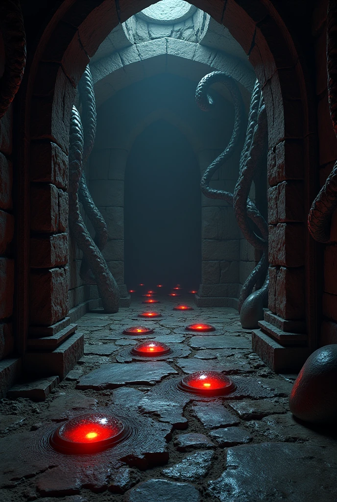 Create a medieval closed room with red eyes on the floor and octopus tentacles coming out of the walls