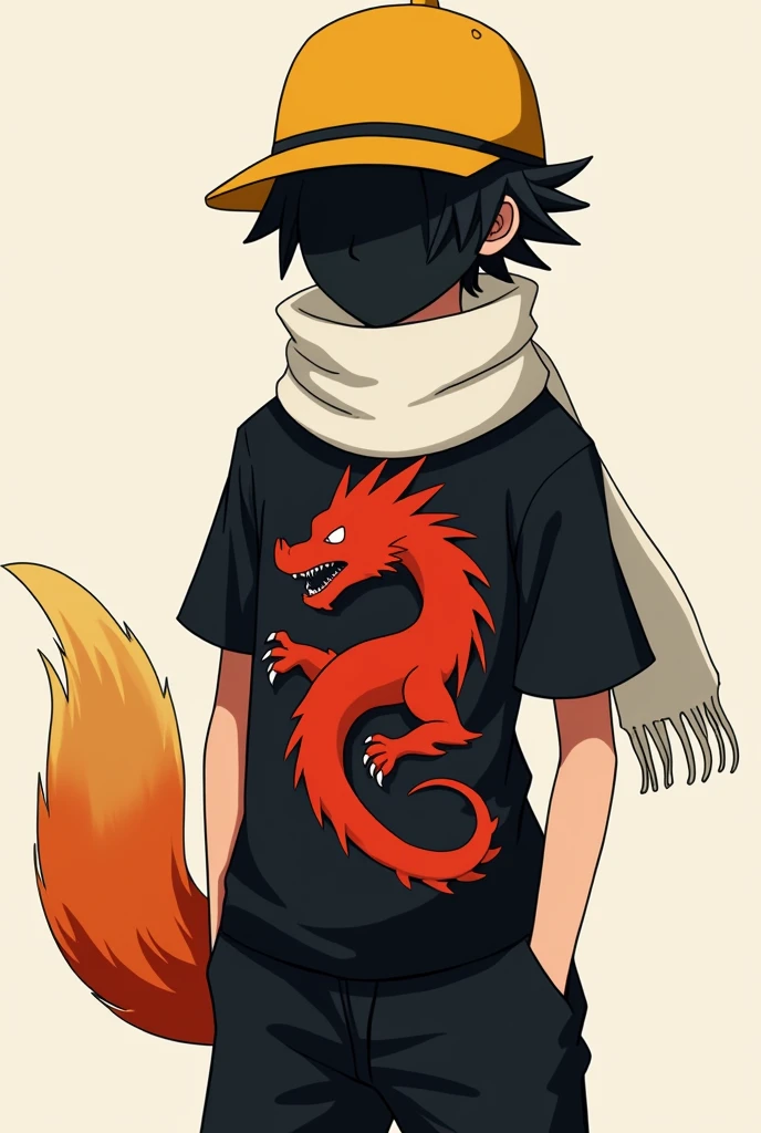 create an image of a faceless boy wearing a yellow hat ,black a shirt , with a red image of a dragon, black pants and a white katakuri scarf with kitsune tails but in a medium orange color with a gradient on the tail
