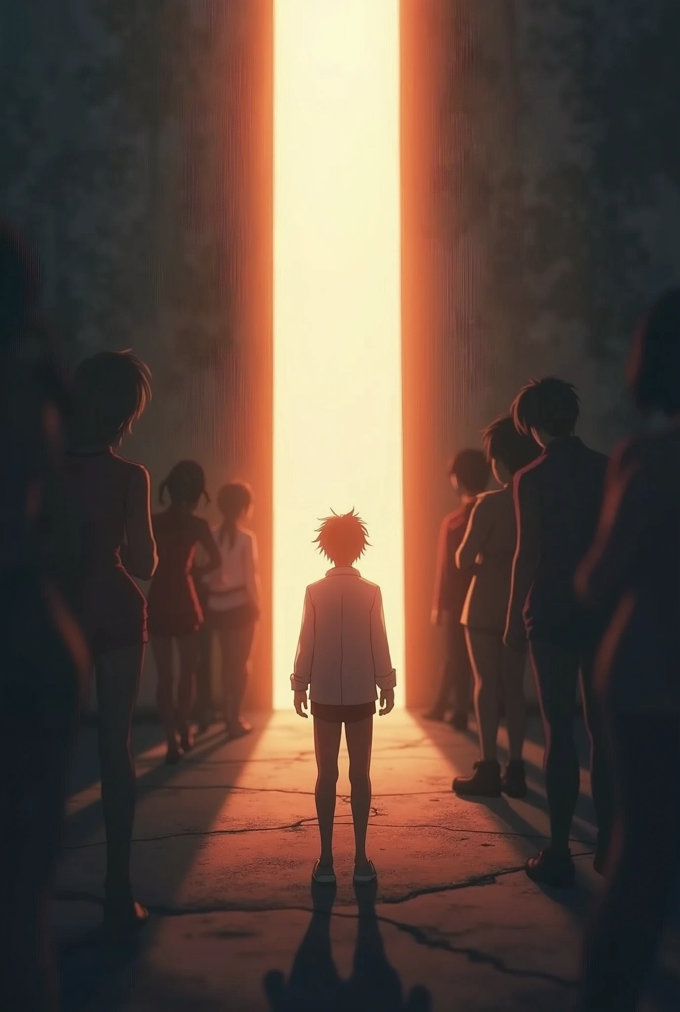 anime style, a person being hit by a glare of light with shadows of other people in the background