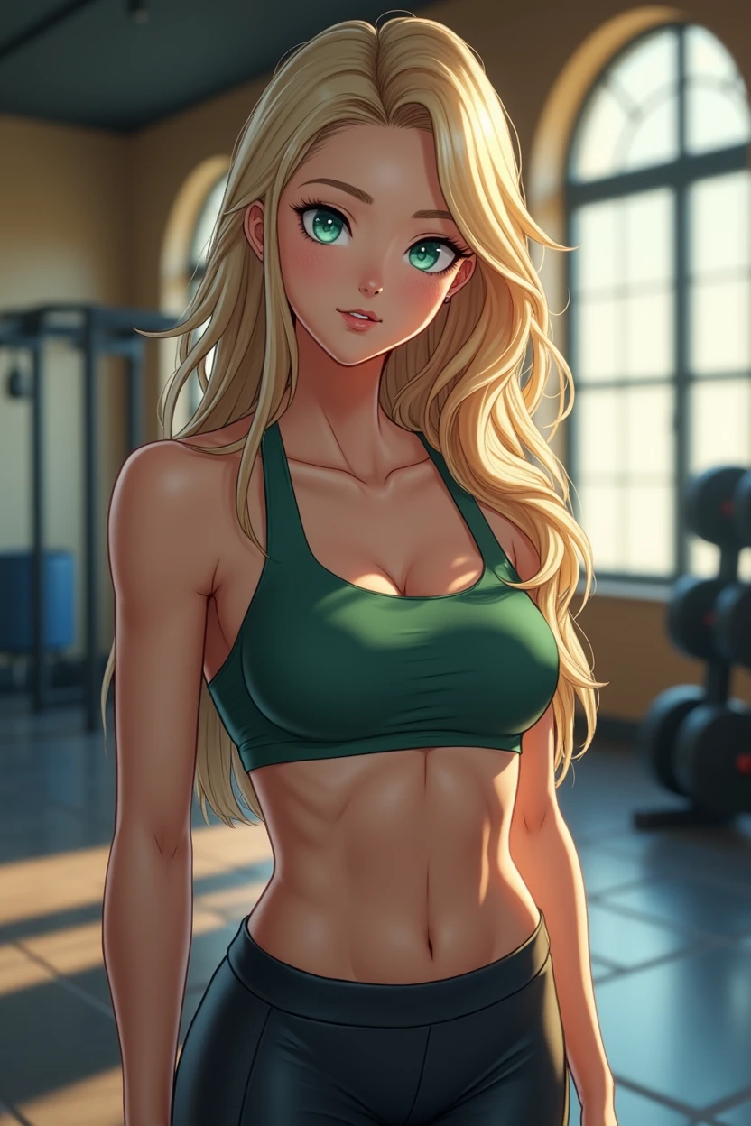 1girl, long blonde hair, fair complexion, blue-green eyes, wearing workout clothes, gym, high res, ultrasharp, 8k masterpiece, looking at viewer