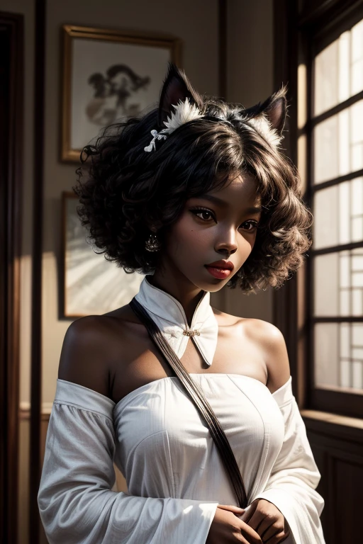 ((best qualityer)), ((work of art)), (detailded), darkskin, long curly brown hair, dark brown eyes slanted to the side. Afro-Asian. Wearing a white casual dress. Black cat ears, a black tail.
