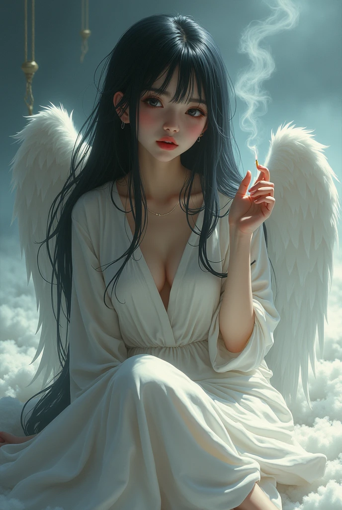 1 girl,Fujifilm、Realistic、ong black hair,big breasts,angel,Angel wings,Halation,white tunic,Languid,sluggish,empty eyes,bored,lonely,sigh,half-closed eyes,sharp eyes,open eyes,air is heavy,sitting,Right knee up,Right elbow on right knee,holds a cigarette in his right hand,exhaling cigarette smoke from her mouth,heaven,floor is made of fluffy clouds,