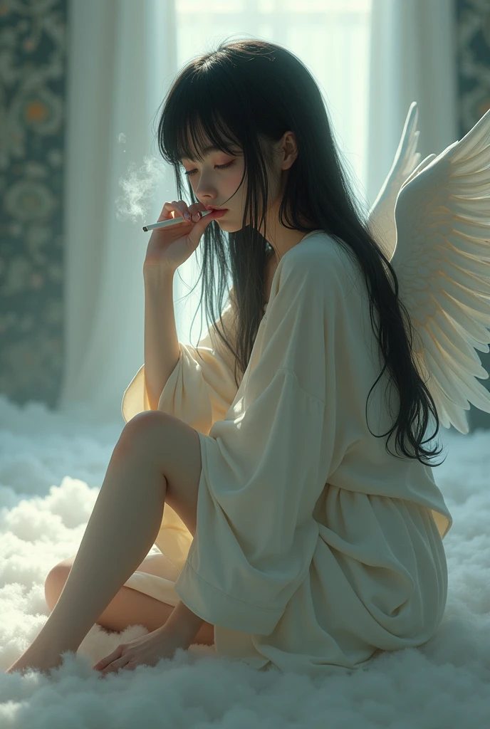 1 girl,Fujifilm、Realistic、ong black hair,big breasts,angel,Angel wings,Halation,white tunic,Languid,sluggish,empty eyes,bored,lonely,sigh,half-closed eyes,sharp eyes,open eyes,air is heavy,sitting,Right knee up,Right elbow on right knee,holds a cigarette in his right hand,exhaling cigarette smoke from her mouth,heaven,floor is made of fluffy clouds,