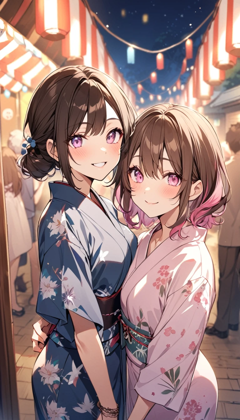 good looking, , 2 women, Medium Hair, Dark brown hair, Pink highlights on the tip, Pale pink eyes,Smile Facial,yukata,night,festival