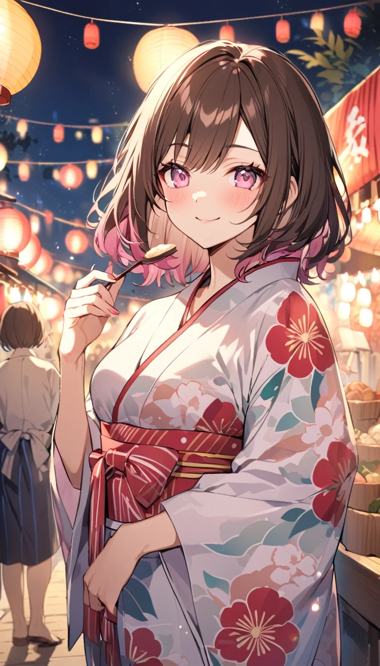 good looking, , 2 women, Medium Hair, Dark brown hair, Pink highlights on the tip, Pale pink eyes,Smile Facial,yukata,night,festival