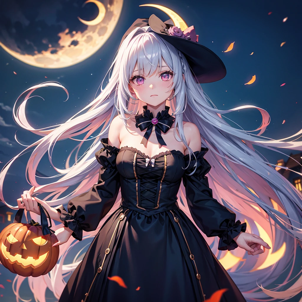 (Sky blue braided medium length hair), (Pink Eyes),Fair skin) ,(whole body),(One Girl),(Crescent Moon),(There are many pumpkin ghosts in the background),(Trick or Treat),Halloween Night Party),(masterpiece, Highest quality, Very detailed, Best Shadow), (Detailed Background), (Beautifully detailed face), High Contrast, (Best lighting, Very delicate and beautiful), ((Cinematic Light)), Hyper Detail,8k, Dramatic Light, Intricate details,Witch&#39;s Clothes,Magic broom,night,Flying bats in the sky,