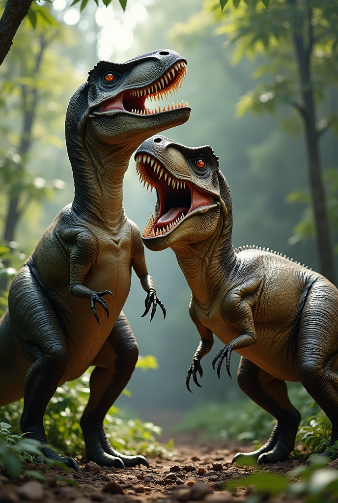 Realistic scene of two Tyrannosaurus rex in a mating posture, with detailed skin textures and a prehistoric jungle background