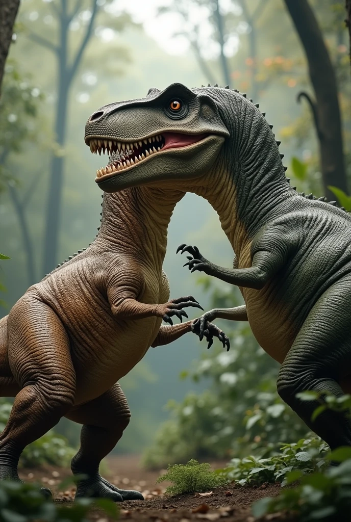 Realistic scene of two Tyrannosaurus rex in a mating posture, with detailed skin textures and a prehistoric jungle background