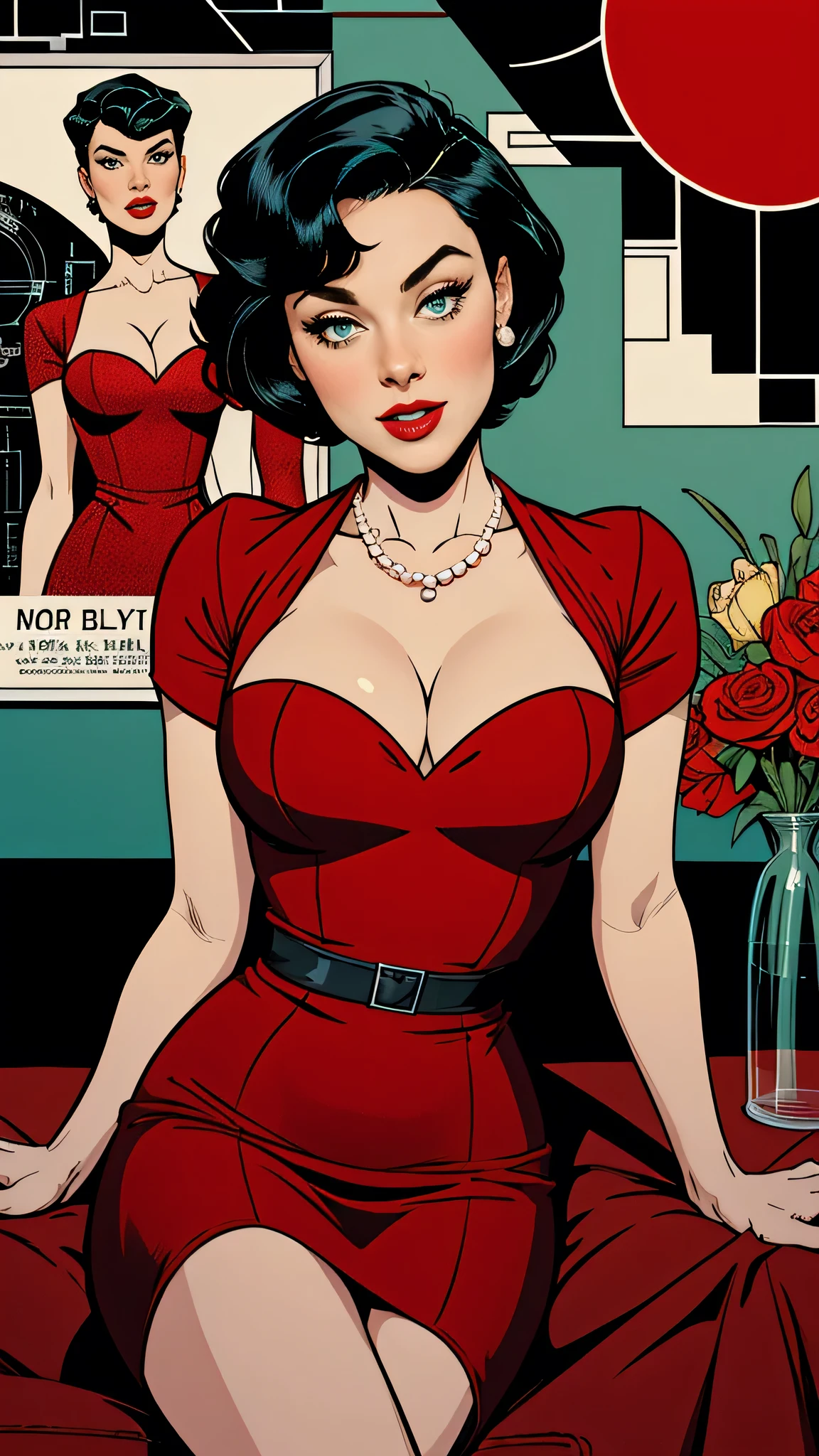 (work of art, best qualityer), 8 k wallpaper, highy detailed, posters, old spy movie, 1960s, extremely seductive sexy attractive female love doctor, perfect short black hair, (shorth hair ) cinematic movie poster, Bauhaus, shapes, lines, abstrato, propaganda, mid century modern, movie poster, vintage, Lady Killer by Joelle Jones, seductive and sensual vintage clothing, ((deep decolte) )seductive redgown, (redgown) , deep decolte dress, flowing gown. Pearl necklace , extremely seductive green eyes, ((burlas, passion, seductive eyes looking at the viewer)) sitting on the couch with legs crossed perfectly, comic, comic style