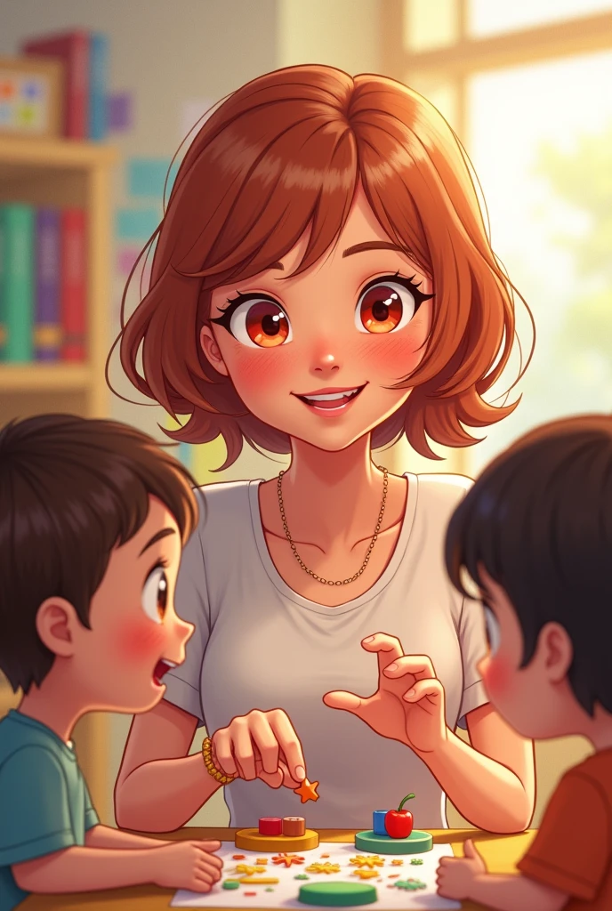 Happy teacher playing with her preschool students, The teacher with short shoulder-length light brown red hair with red and honey-colored eyes 