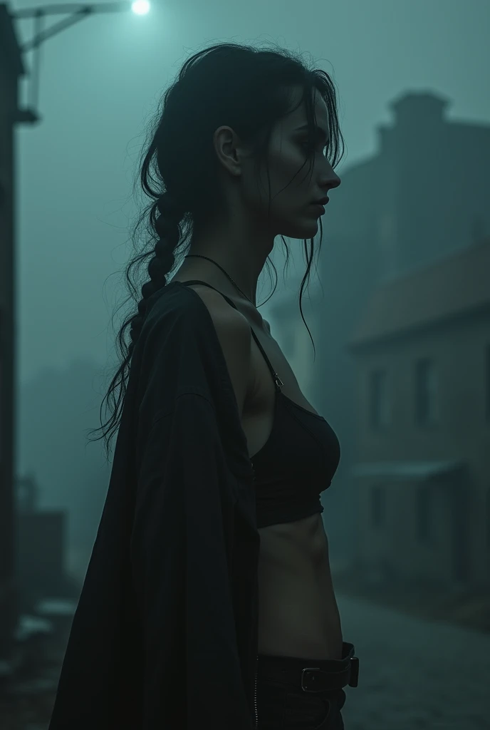 Dystopian style DEN_regan_budimir, outside, foggy, dystopia, industrial, factory cloths, (night:1.2), (8k, RAW photo, best quality, masterpiece:1.2), (realistic, photo-realistic:1.37), best quality, ultra high res, (natural skin texture, hyperrealism, soft light, sharp:1.2), (focus face:1.2), (high contrast:1.1), (intense:1.1), (detailed:1.1), (highest quality, (analog:1.2), (high sharpness), real shadow, photographed by Canon EOS R6, 135mm, 1/1250s, f/2.8, ISO 400, . Bleak, post-apocalyptic, somber, dramatic, highly detailed, we see her full body, erect nipples, muscular thighs, fit and athletic physique