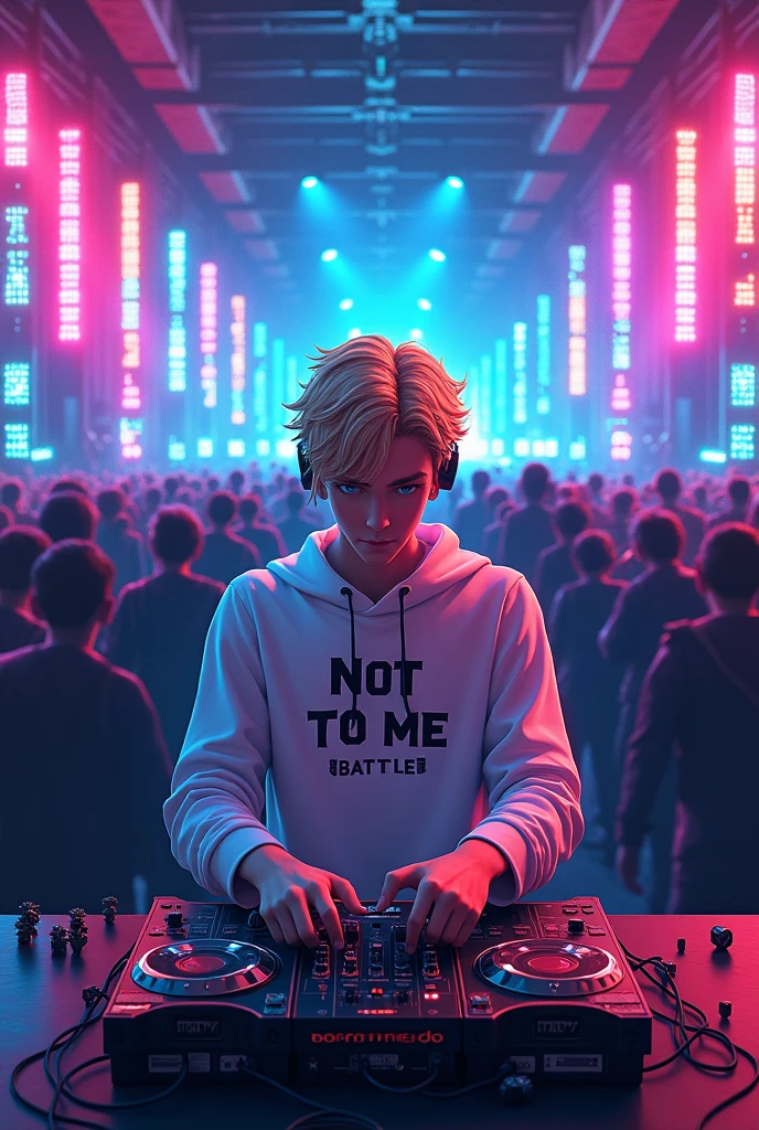 Positive image for a remix song named Not to me, from Bernardo DJ use an Alone style image of the DJ , use a teenage male face with some people enjoying it and pixelated and in gamer mode with LEDs and a blonde DJ and blue eyes on the controller put the name Battle in English. Keep this image and put *NOT TO ME* in shirt 