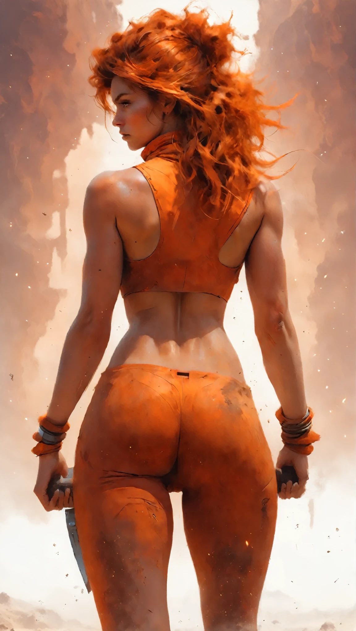 axe-spire dusty brown orange woman standing on the edge of horizon looking at the viewer, sci fi art style of the masters,